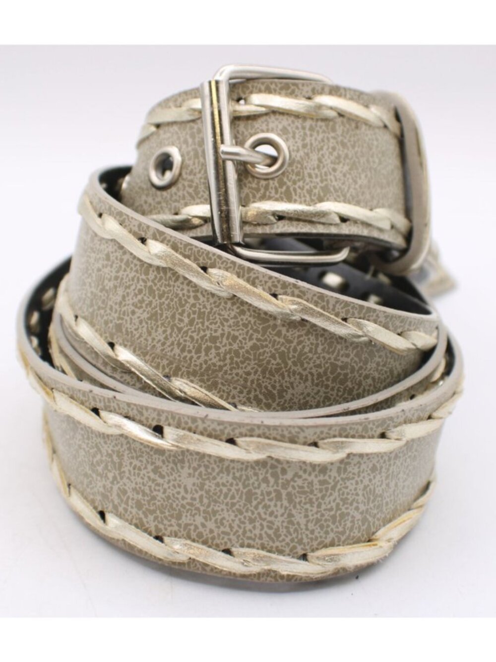 Wide Faux Leather Belt 22W Taupe Gray Minor Metallic Braid Trim Silver Hardware